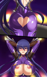 Rule 34 | 1girl, absurdres, akiyama rinko, ass, ass cutout, blush, breasts, butt crack, cleavage, cleavage cutout, clothing cutout, heart cutout, highres, huge breasts, large breasts, long hair, nipples, no1218, open mouth, purple hair, solo, sweat, taimanin (series), taimanin yukikaze, underboob, underboob cutout