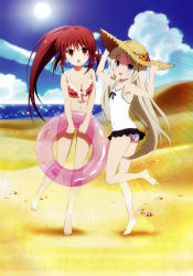 Rule 34 | 2girls, :d, :o, absurdres, armpits, artist request, barefoot, beach, breasts, cleavage, cloud, day, feet, front-tie top, full body, hands on headwear, highres, innertube, little busters!, long hair, looking at viewer, multiple girls, natsume rin, navel, noumi kudryavka, official art, one-piece swimsuit, open mouth, outdoors, ponytail, scan, sky, small breasts, smile, standing, standing on one leg, sun, sunlight, swim ring, swimsuit, very long hair