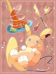 Rule 34 | alolan form, alolan raichu, animal focus, argyle, argyle background, argyle clothes, artist name, border, brown background, butter knife, clover, commentary request, creatures (company), food, fork, four-leaf clover, game freak, gen 7 pokemon, gold, hanabusaoekaki, heart, highres, lightning bolt symbol, nintendo, no humans, pancake, plate, pokemon, pokemon (creature), solid oval eyes, solo, sparkle, sprout, syrup, tail, tongue, tongue out, white border