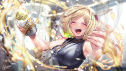 Rule 34 | 1girl, :d, ^ ^, aki rosenthal, beer can, blonde hair, blush, bob cut, breasts, can, closed eyes, death stranding, detached hair, drink can, facing viewer, grey shirt, hair ornament, headgear, highres, hikosan, holding, holding can, hololive, jewelry, long hair, low twintails, necklace, open mouth, parted bangs, sam porter bridges, shirt, short hair, sleeveless, sleeveless shirt, smile, solo, sparkle, spill, twintails, virtual youtuber