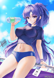 Rule 34 | 1girl, black shirt, blue archive, blue buruma, blue sky, blush, bottle, breasts, buruma, cloud, collarbone, cowboy shot, crop top, day, floodlights, gym uniform, hair between eyes, high ponytail, highres, holding, holding bottle, id card, lanyard, large breasts, long hair, looking at viewer, midriff, mosley (mosleyyy), navel, official alternate costume, outdoors, ponytail, purple eyes, purple hair, shirt, short sleeves, shorts, sidelocks, sky, smile, solo, sportswear, star sticker, sticker on face, stomach, thighs, very long hair, water bottle, yuuka (blue archive), yuuka (track) (blue archive)