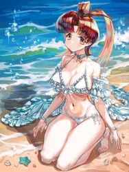 Rule 34 | 1girl, absurdres, antenna hair, beach, bikini, bow, bracelet, breasts, brown eyes, choker, cleavage, collarbone, detached sleeves, frilled bikini, frills, greatwhite1122, highres, jewelry, large breasts, long hair, looking at viewer, navel, ocean, parted bangs, red hair, seashell, shell, short sleeves, sitting, smile, solo, sparkle, starfish, swimsuit, utsugi mikoto, water, white bikini, white bow, white choker, yuusha ou gaogaigar, yuusha series