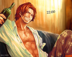 Rule 34 | 1boy, amputee, bottle, capri pants, couch, drinking, male focus, one piece, open clothes, open shirt, pants, patterned legwear, red hair, scar, shanks (one piece), shirt, sitting, smile, tsuyomaru