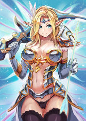 Rule 34 | 1girl, armor, arrow (projectile), bare shoulders, black panties, black thighhighs, blonde hair, blue eyes, blush, bow (weapon), breastplate, breasts, circlet, cleavage, closed mouth, collarbone, elf, erementa, eyes visible through hair, fairy wings, feather hair ornament, feathers, gem, glint, gold trim, hair ornament, holding, holding arrow, holding bow (weapon), holding weapon, long hair, navel, original, panties, pauldrons, pointy ears, shoulder armor, single bare shoulder, single pauldron, smile, solo, sparkle, thighhighs, underwear, weapon, wings