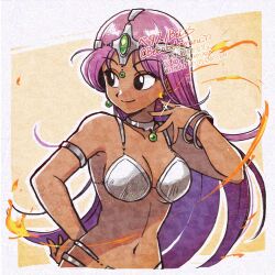 1girl adversarial_noise armlet betabetamaru black_eyes border bracelet breasts choker circlet cleavage commentary_request dark-skinned_female dark_skin dragon_quest dragon_quest_iv earrings fire gem green_gemstone hand_on_own_hip jewelry large_breasts long_hair looking_to_the_side manya_(dq4) metal_bikini navel purple_hair sideboob silver_armlet silver_choker silver_circlet smile solo sphere_earrings underboob upper_body white_border