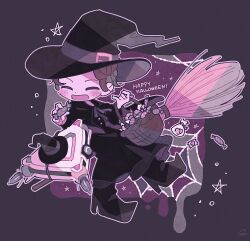 Rule 34 | 1girl, ^ ^, absurdres, alternate costume, animification, apex legends, basket, black capelet, black dress, black footwear, black hat, blush, boots, broom, broom riding, candy, capelet, cfcult7825, chibi, closed eyes, dress, food, halloween, happy halloween, hat, high heel boots, high heels, highres, holding, holding basket, horizon (apex legends), non-humanoid robot, robot, smile, solo, star (symbol), witch, witch hat