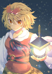 Rule 34 | 1girl, absurdres, bishamonten&#039;s pagoda, blonde hair, breasts, brown eyes, dark background, diffraction spikes, fingernails, from above, hair between eyes, hair ornament, highres, holding, holding lantern, lantern, lens flare, light, looking at viewer, medium breasts, multicolored hair, nayozane (worker7), short hair, simple background, smile, solo, toramaru shou, touhou, two-tone hair, weapon, wide sleeves, yellow eyes