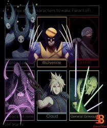 Rule 34 | 4boys, 4others, android, armor, berserk, black border, blonde hair, bloodborne, blue eyes, blue gloves, border, brown gloves, character name, clenched teeth, closed mouth, cloud strife, count dooku, dagger, energy sword, english text, facial hair, femto (berserk), final fantasy, final fantasy vii, general grievous, gloves, griffith (berserk), hand up, helmet, highres, holding, holding dagger, holding knife, holding lightsaber, holding weapon, hollow eyes, hollow knight, hood, hood up, horns, humanoid robot, knife, lightsaber, lipstick, looking at viewer, makeup, male focus, mantis lord (hollow knight), marvel, mask, max58art, mergo&#039;s wet nurse, multiple boys, multiple drawing challenge, multiple others, no humans, pauldrons, purple theme, red eyes, robot, shoulder armor, single pauldron, six fanarts challenge, solo, spiked hair, spiked horns, star wars, stubble, sword, teeth, upper body, weapon, wings, wolverine, x-men