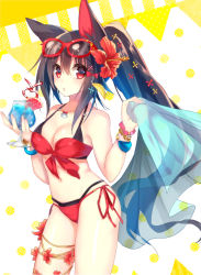 Rule 34 | 1girl, amakawa sakko, animal ears, bikini, black bikini, bow, bracelet, breasts, brown hair, cleavage, collarbone, contrapposto, cowboy shot, crazy straw, cup, drink, drinking glass, drinking straw, eyebrows, eyewear on head, flower, food, fox ears, fruit, glasses, hair between eyes, hair bow, hair flower, hair ornament, heart straw, hibiscus, holding, ice, ice cube, jewelry, layered bikini, long hair, looking at viewer, medium breasts, necklace, o-ring, o-ring bikini, original, parted lips, ponytail, red-framed eyewear, red bikini, red bow, red eyes, side-tie bikini bottom, solo, standing, swimsuit, very long hair, x hair ornament