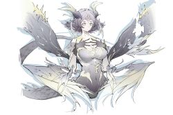 Rule 34 | 1girl, bare shoulders, body fur, breasts, cdlo, collarbone, cropped torso, feathers, forehead, gradient horns, gradient sky, gradient wings, grey hair, grey wings, hands on own chest, horns, humanization, large breasts, linea alba, looking at viewer, monster girl, mourning aix (wuthering waves), multicolored horns, multicolored wings, multiple wings, parted bangs, scales, shadow, short eyebrows, short hair, sideways glance, simple background, sky, solo, tail, torn wings, white background, wings, wuthering waves, yellow eyes, yellow wings