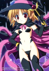Rule 34 | 1girl, absurdres, black gloves, black thighhighs, bracelet, brown hair, c-string, cape, cowboy shot, demon tail, elbow gloves, flat chest, gloves, groin, hand on own hip, hat, highres, jewelry, korie riko, looking at viewer, midriff, navel, open mouth, ore no imouto ga konna ni kawaii wake ga nai, pointy ears, red eyes, reika (siscalypse), siscalypse, standing, stomach, strapless bottom, tail, tareme, tentacles, thighhighs, wand, witch hat