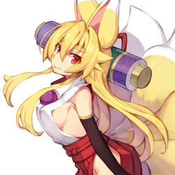 Rule 34 | 1girl, animal ears, blonde hair, breasts, closed mouth, fox ears, fox tail, hair between eyes, hip vent, izuna (shinrabanshou), japanese clothes, long hair, medium breasts, multiple tails, red eyes, saru 000, shinrabanshou, sideboob, simple background, smile, solo, tail, thick eyebrows, white background