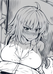 Rule 34 | 1boy, 1girl, against door, ahoge, alternate costume, blue theme, blush, breasts, cleavage, collared shirt, commentary, door, downblouse, english commentary, fate/grand order, fate (series), fujimaru ritsuka (male), implied paizuri, jeanne d&#039;arc (fate), jeanne d&#039;arc alter (avenger) (fate), jeanne d&#039;arc alter (fate), large breasts, looking at viewer, medium hair, messy hair, monochrome, nose blush, peach88, pov, shadow, shirt, sketch, solo focus, sweat