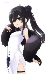 Rule 34 | 1girl, absurdres, black hair, black shawl, blue bow, bow, china dress, chinese clothes, commentary request, covered navel, cowboy shot, double bun, dress, eyelashes, flat chest, floral print, fur shawl, hair between eyes, hair bow, hair bun, hand up, highres, idolmaster, idolmaster cinderella girls, light blush, long hair, looking at viewer, matoba risa, parted lips, print dress, roccamoya, rose print, shawl, side slit, sidelocks, sleeveless, sleeveless dress, smile, solo, thigh strap, thighs, twintails, white background, white dress, yellow eyes