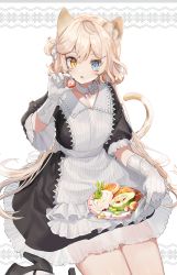 Rule 34 | 1girl, :o, animal ears, apron, bad id, bad pixiv id, beads, black dress, black footwear, blonde hair, blue eyes, breasts, butter knife, cat ears, cat girl, cat tail, choker, cleavage, dress, food, food request, frills, fruit, gloves, grapes, hair ornament, hand up, heterochromia, high heels, highres, holding, holding food, holding fruit, holding knife, knife, long hair, looking at viewer, maid, maid apron, mid (gameshe), one side up, open mouth, original, pear, plate, short sleeves, small breasts, solo, strawberry, tail, thighs, very long hair, white apron, white gloves, yellow eyes