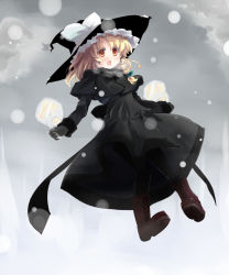 Rule 34 | 1girl, blonde hair, boots, braid, female focus, full body, gradient background, hat, kirisame marisa, outdoors, pantyhose, shin (new), short hair, skirt, sky, solo, touhou, witch, witch hat, yellow eyes
