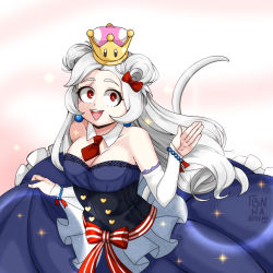 Rule 34 | 10s, 1girl, :d, blue dress, bnha-bitch, boku no hero academia, bow, breasts, cleavage, commentary, corset, detached collar, detached sleeves, double bun, dress, english commentary, genderswap, genderswap (mtf), grey hair, hair bow, hair bun, highres, large breasts, long dress, long hair, looking at viewer, mario (series), necktie, new super mario bros. u deluxe, nezu (boku no hero academia), nintendo, open mouth, personification, red bow, red eyes, red necktie, scar, scar across eye, scar on face, smile, solo, super crown, tail