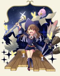 Rule 34 | 10s, 1girl, aikoi (arararaaren), bad leg, broom, brown eyes, brown hair, candle, colorized, hat, highres, kagari atsuko, little witch academia, long hair, night, night sky, open mouth, paper, sky, solo, staff, star (sky), starry sky, stuffed animal, stuffed toy, witch hat