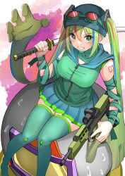 Rule 34 | 1girl, 1other, absurdres, assault rifle, bandaged arm, bandages, bandana, boots, breasts, bullpup, commission, goggles, goggles on head, green eyes, green hair, green shirt, green skirt, grin, gun, hatsune miku, highres, holding, holding gun, holding sword, holding weapon, katana, kimura mitsuki, l85, large breasts, long hair, looking at viewer, madness combat, mag agent v4, nail polish, open mouth, pink nails, pixiv commission, rifle, shirt, sitting, skirt, sleeveless, sleeveless shirt, smile, sweat, sword, teeth, thigh boots, twintails, vocaloid, weapon