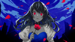 Rule 34 | 1girl, ahoge, alive musix, black hair, blue dress, blue hair, cloud, collar, crazy eyes, dark blue hair, dress, floating hair, flower, fukai ryosuke, glowing, glowing eyes, highres, holding, holding flower, juliet sleeves, long hair, long sleeves, looking at viewer, mair (alive musix), parted lips, petals, puffy sleeves, queen (vocaloid), red eyes, red flower, red rose, rose, rose petals, solo, staring, upper body, virtual youtuber, vocaloid, wide-eyed