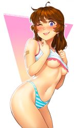 Rule 34 | 1girl, absurdres, ahoge, aqua panties, bandaid, bandaid on arm, blue eyes, blush, breasts, brooke (mleth), brown hair, camisole, camisole lift, clothes lift, colorized, commentary, earrings, english commentary, fingernails, frills, highres, jewelry, legs together, looking at viewer, medium hair, mleth, navel, no bra, nose blush, one eye closed, original, panties, revision, simple background, small breasts, smile, solo, standing, striped clothes, striped panties, teeth, toned, underboob, underwear, upper teeth only