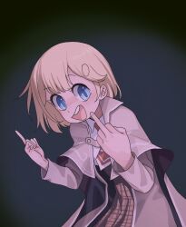 Rule 34 | 1girl, blonde hair, blue eyes, double middle finger, highres, hololive, hololive english, leaning forward, looking at viewer, middle finger, necktie, open mouth, short hair, smile, solo, standing, virtual youtuber, watson amelia, zedd (zedgawr)