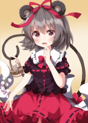 Rule 34 | 1girl, animal ears, cosplay, frilled shirt collar, frills, highres, medicine melancholy, medicine melancholy (cosplay), medium hair, mouse ears, mouse tail, nazrin, one-hour drawing challenge, red skirt, ruu (tksymkw), short sleeves, skirt, tail, touhou