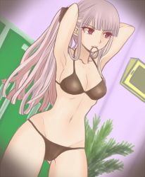 Rule 34 | 10s, 1girl, adjusting hair, armpits, arms up, bad id, bad pixiv id, bare stomach, bikini, black gloves, breasts, cleavage, collarbone, cowboy shot, danganronpa: trigger happy havoc, danganronpa (series), dutch angle, ears, gloves, gluteal fold, hair tie, hands up, hip focus, kirigiri kyoko, light purple hair, long hair, looking away, matching outfits, monitor, mouth hold, navel, nose, parted bangs, plant, ponytail, potted plant, purple background, purple eyes, purple hair, reki (2560736), sideboob, sidelocks, solo, standing, stomach, swimsuit, thighs, very long hair