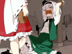 Rule 34 | 2girls, arms up, asutora, black bow, black footwear, black headband, black neckwear, blue eyes, blush, bound, bound arms, bow, bowtie, bruise, commentary request, duplicate, frilled skirt, frills, gag, green skirt, green vest, hakurei reimu, headband, improvised gag, indoors, injury, konpaku youmu, long sleeves, looking at another, multiple girls, neck ribbon, on floor, petticoat, red skirt, restrained, ribbon, ribbon-trimmed sleeves, ribbon trim, rope, shirt, shoes, short sleeves, skirt, skirt set, tape, tape gag, tearing up, tied up (nonsexual), touhou, translation request, vest, white hair, white shirt