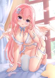 Rule 34 | 1girl, angel wings, bare shoulders, barefoot, blush, bra, breasts, cleavage, curtains, day, flower, hair flower, hair ornament, highres, hiyada yuu, large breasts, leaning forward, long hair, looking at viewer, navel, no panties, nude, open mouth, original, pink hair, pink wings, purple eyes, seiza, simple background, sitting, smile, solo, sunlight, thighs, underwear, white bra, white flower, white legwear, window, wings