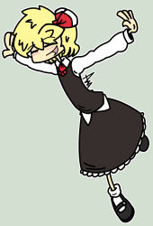 Rule 34 | 1girl, = =, ascot, blonde hair, blush, closed eyes, grey background, grim-evilnov, hair ribbon, highres, long sleeves, open mouth, outline, outstretched arms, ribbon, rumia, short hair, signature, simple background, smile, solo, touhou