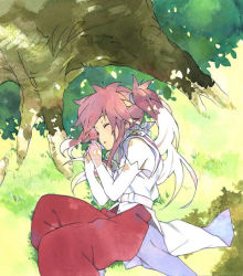 Rule 34 | 1girl, arche klein, belt, dochibi, elbow gloves, closed eyes, fetal position, gloves, grass, horiguchi yukiko, lawn, lying, on side, outdoors, pants, pink hair, pink pants, shirt, side ponytail, sleeping, sleeveless, sleeveless shirt, solo, tales of (series), tales of phantasia, tree, tree shade, twintails, witch