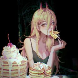 Rule 34 | 1girl, artist name, black background, blonde hair, bra, breasts, chainsaw man, cherry, cleavage, cross-shaped pupils, dark background, food, food in mouth, fork, fruit, hair between eyes, highres, holding, holding fork, horns, large breasts, long hair, looking at viewer, orange eyes, pancake, pancake stack, phoneafrog, power (chainsaw man), red horns, simple background, solo, sprinkles, symbol-shaped pupils, syrup, underwear, whipped cream