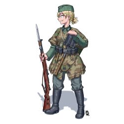 Rule 34 | 1girl, absurdres, ammunition pouch, bayonet, blonde hair, blue eyes, bolt action, boots, camouflage, collar tabs, combat helmet, entrenching tool, explosive, german army, germany, grenade, gun, hat, helmet, highres, holding, holding gun, holding weapon, long sleeves, mauser 98, military, military hat, military uniform, original, ostwindprojekt, pants, pants tucked in, pouch, rifle, shovel, simple background, soldier, solo, stahlhelm, stielhandgranate, uniform, weapon, wehrmacht, white background, world war ii