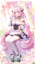 Rule 34 | 1girl, :q, absurdres, apron, black choker, black dress, black footwear, black horns, blue eyes, blurry, blurry background, breasts, cake, cake slice, choker, cleavage, clothing cutout, covered navel, cup, dress, dress flower, drink, elysia (honkai impact), flower, food, frilled apron, frilled gloves, frilled hairband, frills, full body, garter straps, gloves, gou lianlian dogface, hair flower, hair ornament, hairband, hands up, high heels, highres, holding, holding cup, holding drink, holding plate, honkai (series), honkai impact 3rd, horns, knees together feet apart, legs, long hair, looking at viewer, maid, maid headdress, medium breasts, paid reward available, pink hair, plate, side cutout, sidelocks, sitting, solo, teacup, thighhighs, thighs, tongue, tongue out, twintails, very long hair, waist apron, white apron, white flower, white garter straps, white gloves, white hairband, white thighhighs, zettai ryouiki