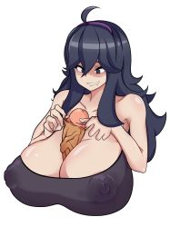 Rule 34 | 1girl, @ @, absurdres, ahoge, bare arms, bare shoulders, blue eyes, blue hair, breasts, censored, cleavage, collarbone, covered erect nipples, creatures (company), drooling, game freak, hair between eyes, hairband, hex maniac (pokemon), highres, huge breasts, long hair, matching hair/eyes, mosaic censoring, nintendo, open mouth, paizuri, penis, pipi (pixiv21969619), pokemon, pokemon xy, see-through, shiny skin, simple background, smile, upper body, wavy mouth, white background