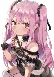 Rule 34 | 1girl, arm support, bare shoulders, bloom, blush, bow, brooch, choker, commentary request, dress, finger to cheek, frilled dress, frills, garter straps, gothic lolita, highres, hololive, jewelry, light, lolita fashion, long hair, looking at viewer, off shoulder, pink hair, pouty lips, red eyes, satoupote, sitting, skull, skull collar, solo, thighhighs, two side up, uruha rushia, uruha rushia (3rd costume), virtual youtuber, white background, white thighhighs, wrist cuffs, zettai ryouiki