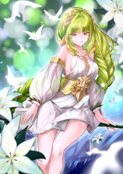 Rule 34 | absurdres, afk arena, bird, breasts, cleavage, flora (afk arena), flower, green hair, hanasawa (pixiv53877974), highres, long hair, looking at viewer, solo, white flower
