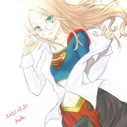 Rule 34 | 1girl, blonde hair, blue eyes, breasts, cape, commentary, cropped shirt, dated, dc comics, dutch angle, glasses, highres, kara danvers, kuku (laser beamer), light, long hair, midriff, navel, open fly, red cape, red skirt, removing eyewear, signature, skirt, small breasts, smile, solo, supergirl, superman (series), upper body