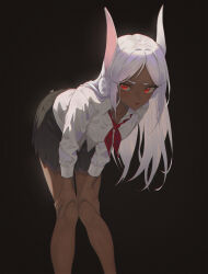 Rule 34 | 1girl, absurdres, animal ears, artist name, bare legs, black background, black skirt, boku no hero academia, breasts, dark-skinned female, dark skin, feet out of frame, hands on own knees, hanging breasts, highres, izei1337, leaning forward, light particles, long eyelashes, long hair, looking at viewer, medium breasts, mirko, neckerchief, parted lips, pleated skirt, rabbit ears, rabbit girl, red eyes, red neckerchief, school uniform, shirt, skirt, solo, white hair, white shirt