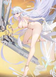 Rule 34 | 1girl, absurdres, albion (azur lane), azur lane, blue eyes, full body, highres, long hair, nipples, no bra, no panties, no shirt, no shoes, no undershirt, non-web source, nude, pointy ears, simple background, white hair