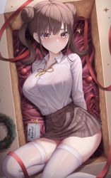 Rule 34 | 1girl, bauble, box, breasts, brown hair, brown skirt, button gap, card, cardboard box, christmas ornaments, closed mouth, collared shirt, commentary, double bun, hair bun, highres, idolmaster, idolmaster shiny colors, in box, in container, large breasts, long hair, long sleeves, looking at viewer, marinesnow, miniskirt, neck ribbon, plaid, plaid skirt, pleated skirt, red eyes, red ribbon, ribbon, shirt, shirt tucked in, skirt, solo, sonoda chiyoko, tears, thighhighs, twintails, white shirt, white thighhighs, zettai ryouiki