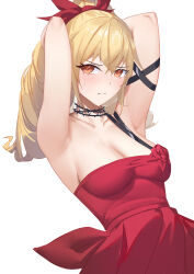 Rule 34 | 1girl, absurdres, armpits, arms up, bare shoulders, black choker, blonde hair, breasts, choker, cleavage, commentary, dress, english commentary, fenny golden, hair ribbon, highres, long hair, looking at viewer, medium breasts, orange eyes, red dress, red ribbon, ribbon, serelith, simple background, single strap, snowbreak: containment zone, solo, upper body, white background