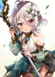 Rule 34 | 1girl, :o, antenna hair, bare shoulders, blush, bridal gauntlets, commentary request, detached sleeves, dress, flower, green sleeves, hair between eyes, hair flower, hair ornament, highres, holding, holding staff, kakao rantan, kokkoro (princess connect!), long sleeves, looking at viewer, parted lips, pointy ears, princess connect!, puffy long sleeves, puffy sleeves, red eyes, see-through, see-through sleeves, silver hair, sleeveless, sleeveless dress, solo, staff, white dress, white flower