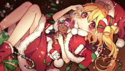 Rule 34 | 1girl, ahoge, alternate costume, alternate headwear, bat wings, bell, blonde hair, blurry, blush, boots, bow, candy, candy cane, capelet, christmas, closed mouth, commentary, crystal, dutch angle, feet out of frame, flandre scarlet, food, fur-trimmed boots, fur-trimmed capelet, fur-trimmed legwear, fur-trimmed skirt, fur trim, hair bell, hair between eyes, hair bow, hair ornament, hand up, hat, unworn headwear, highres, holding, holding toy, holly, knees up, kyouda suzuka, looking at viewer, lying, mob cap, nail polish, on back, one side up, pom pom (clothes), red bow, red capelet, red eyes, red footwear, red legwear, red nails, red ribbon, red skirt, red vest, remilia scarlet, ribbon, santa costume, santa hat, short hair, sidelocks, skirt, snowflakes, solo, stuffed animal, stuffed toy, touhou, toy, vest, wings