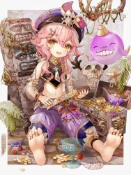 Rule 34 | 1girl, barefoot, beret, black shirt, blue gemstone, blush, border, branch, buxue luo li tang, chalice, child, chinese commentary, chinese text, coin, commentary request, cropped shirt, cup, dagger, detached sleeves, dori (genshin impact), fang, feathers, feet, fingernails, full body, gem, genshin impact, gold coin, gold trim, hair between eyes, hair ornament, hairclip, harem pants, hat, highres, holding, holding dagger, holding knife, holding weapon, jewelry, jinni (genshin impact), knife, looking at viewer, mask, unworn mask, midriff, nail polish, oil lamp, on ground, open mouth, outside border, pants, pink hair, pink nails, plant, puffy detached sleeves, puffy pants, puffy sleeves, purple gemstone, purple headwear, purple pants, red gemstone, ring, see-through, see-through sleeves, shirt, short hair with long locks, sidelocks, skin fang, skull mask, soles, symbol-shaped pupils, toe ring, toes, translation request, treasure chest, variant set, vines, weapon, white border, white feathers, white sleeves, x-shaped pupils, yellow eyes