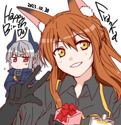 Rule 34 | 2girls, animal ear fluff, animal ears, arknights, black gloves, black shirt, blue jacket, blush, blush stickers, box, brown hair, character name, closed mouth, collared shirt, dated, dress shirt, flying sweatdrops, franka (arknights), gift, gift box, gloves, grey hair, grey shirt, hair between eyes, happy birthday, holding, holding gift, horns, jacket, liskarm (arknights), long hair, looking at viewer, multiple girls, open clothes, open jacket, orange eyes, ponytail, red eyes, shirt, simple background, smile, upper body, v, wakita piyosuke, white background