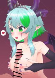 Rule 34 | 1boy, 1girl, absurdres, apricot the lich, bar censor, black gloves, blue hair, blush, breasts, bridal gauntlets, censored, commentary request, demon girl, demon horns, demon wings, earrings, elbow gloves, fang, gloves, green eyes, green hair, heart, hetero, highres, horns, jewelry, looking at another, medium breasts, multicolored hair, multiple horns, nail polish, nanamiya natsumi, nipples, paizuri, penis, pointy ears, purple nails, ring, short hair, skin fang, solo focus, spoken heart, tiara, two-tone hair, upper body, virtual youtuber, vshojo, wings