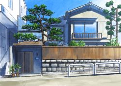 Rule 34 | absurdres, balcony, blue sky, bush, cloud, day, door, grass, highres, hirota (masasiv3), house, no humans, outdoors, plant, potted plant, railing, road, scenery, sky, stairs, stone wall, street, town, tree, wall, window, wooden wall