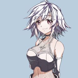Rule 34 | 1girl, ahoge, arms at sides, breasts, chest tattoo, cleavage, closed mouth, farleen, flipped hair, highres, kakko madoka, looking at viewer, medium breasts, navel, purple hair, short hair, smile, solo, star ocean, star ocean till the end of time, tattoo